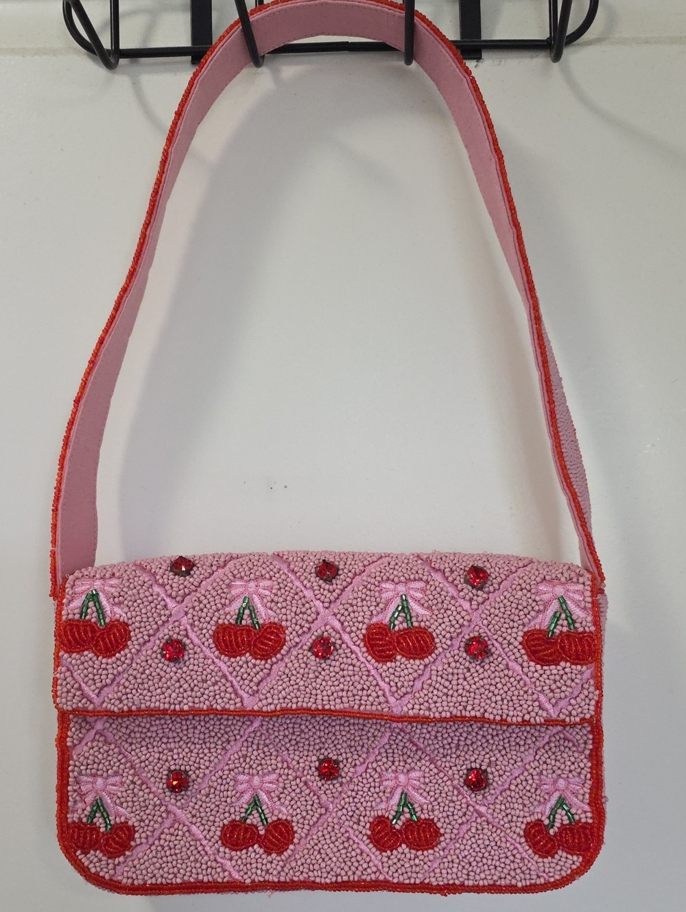 Anthropologie Pink Beaded Cherry Shoulder Bag with Red Accents